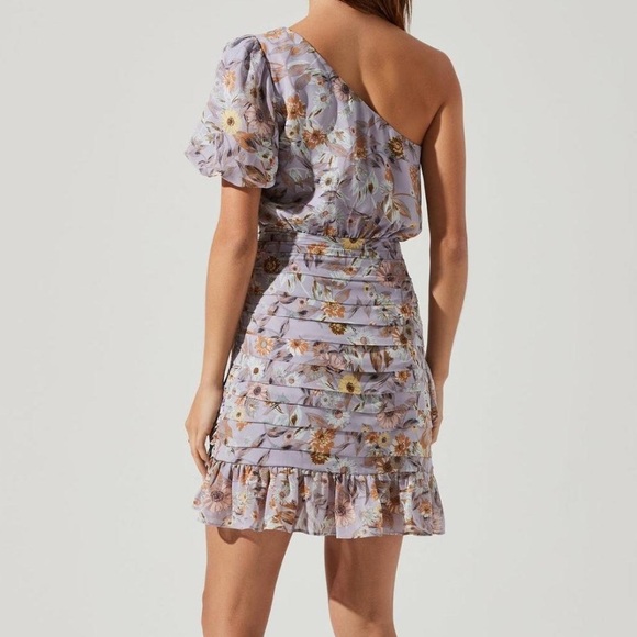 Astr women's S purple one shoulder puff sleeve floral mini dress whimsical girly - Picture 3 of 7
